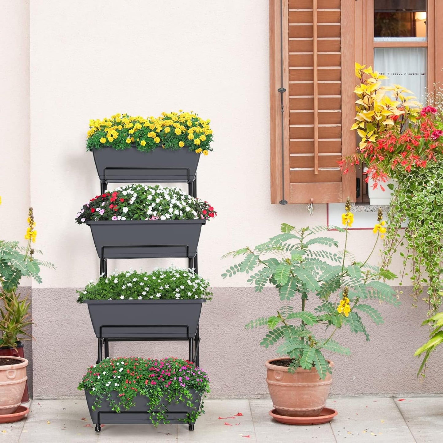OYEAL Raised Garden Bed 4 Tier Vertical Garden Planter Indoor Outdoor Raised Planter Box with Legs Elevated Herb Garden Planters for Flowers Vegetables Plants, Grey