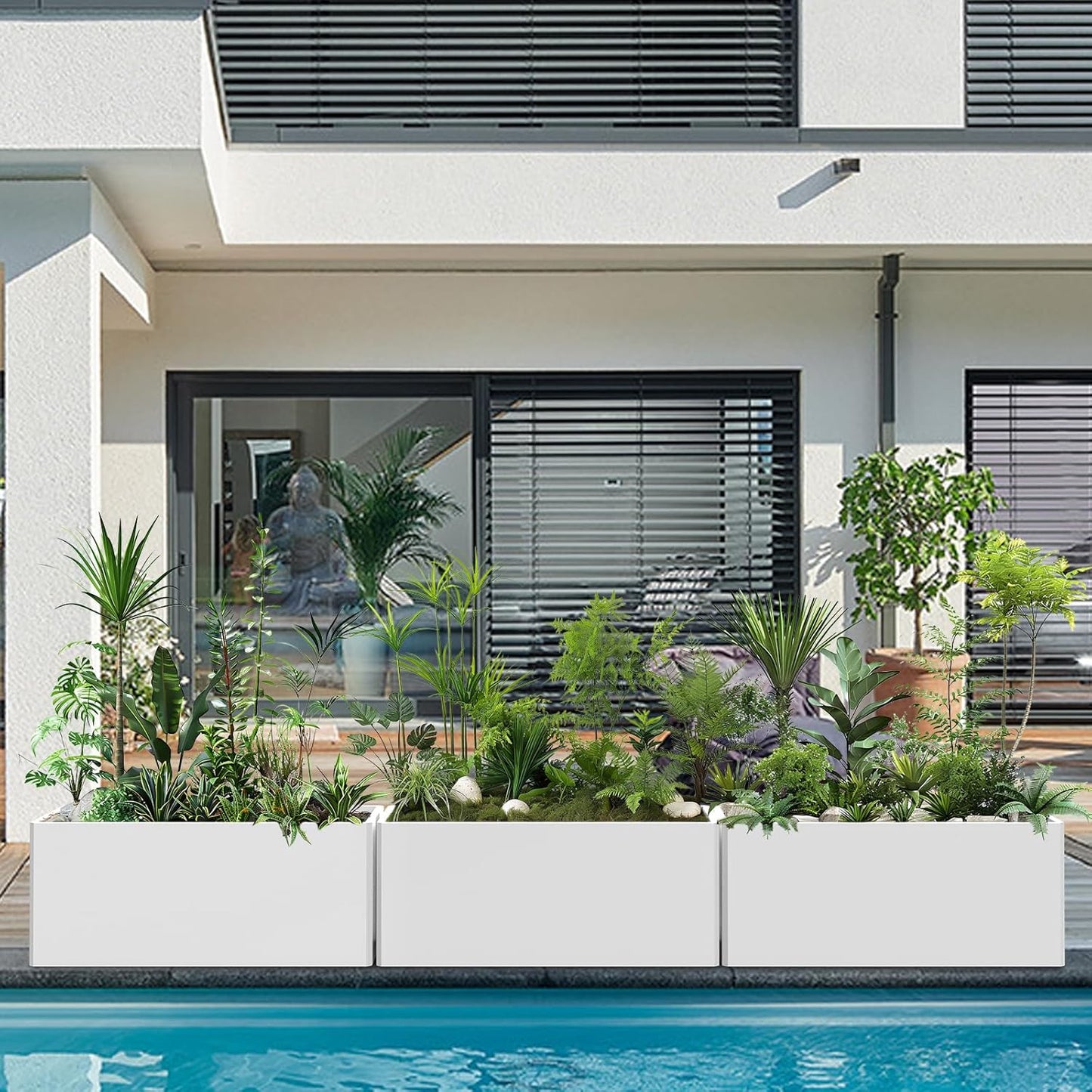 Outdoor Metal Planter Box - Heavy-Duty Rectangular Trough, All-Weather Rust-Resistant Design with 6 Drainage Holes | Large 36x15x15 Inch for Patio, Porch & Garden, White