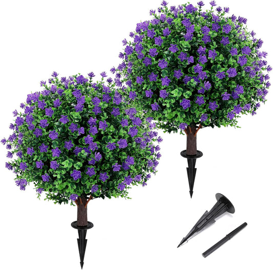 Artificial Purple flower Topiary Ball Tree 25" with Ground Spike, Set of 2 Artificial Boxwood Bushes for Faux Shrubs, Fake Evergreen Faux Plant for Indoor Outdoor Garden -UV Resistant–Fade-Proof