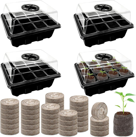 Halatool 4 Pack Seed Starter Tray with 50 PCS Peat Pellets, 48 Cells Black Seeding Starter Trays for Organic Seed Starter Soil Pods for Planting Vegetables Plants Flowers - Starting Seeds Kit