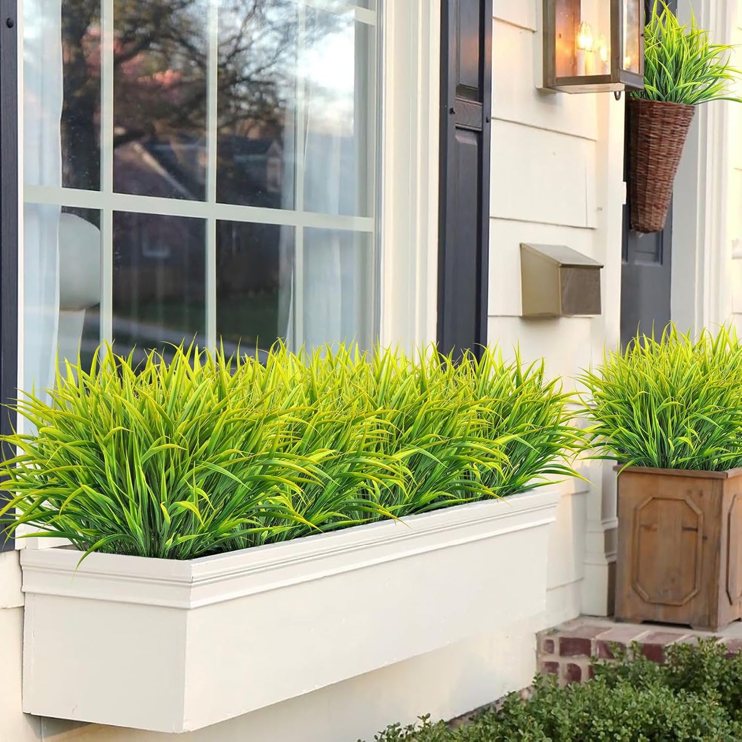 Ouddy Decor 16 Bundles Artificial Plants Outdoor Fake Grass Greenery Stems UV Resistant Faux Plastic Plants Shrubs for Spring Summer Home Garden Pathway Window Box Front Porch Decor, Yellow