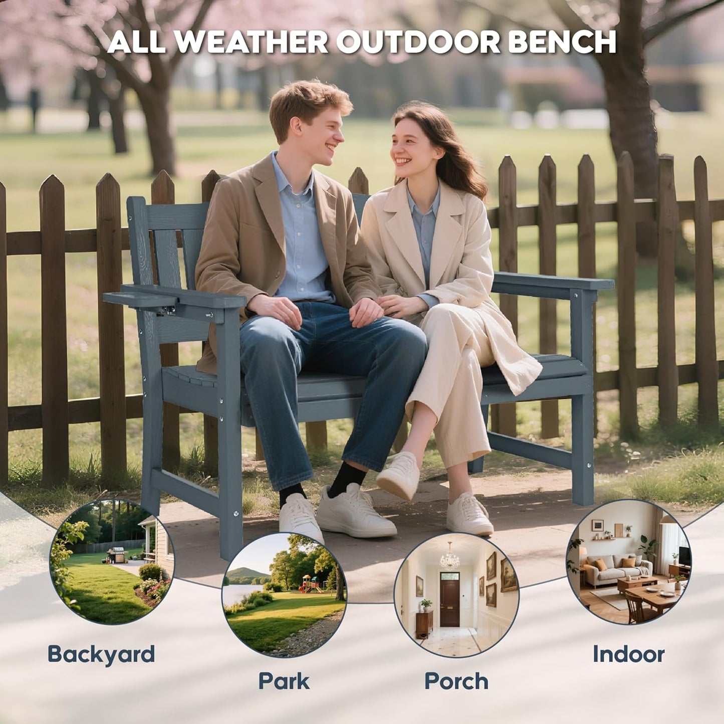 2-Person HIPS Outdoor Bench, Weatherproof Garden Bench with 800 lbs Weight Capacity, Artificial Wood Grains, Never Rot or Fade, Patio Benches for Garden, Porch, Balcony, Backyard,Park, Grey