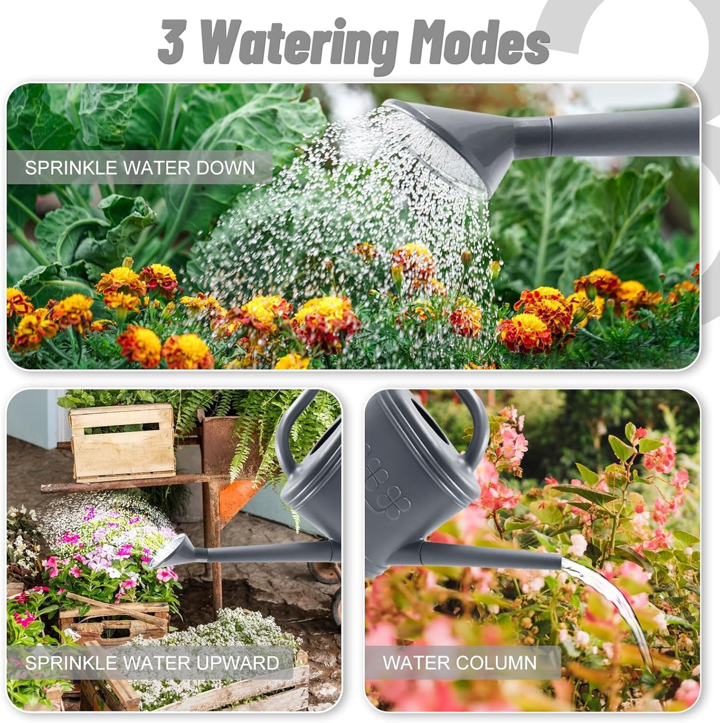 2 Gallon Watering Can, Outdoor Watering Can for Plants, Garden Water Can with Removable Long Spout and Stainless Steel Sprinkler Head, Large Water Can for Greenhouse (Gray, 2 Gallon)