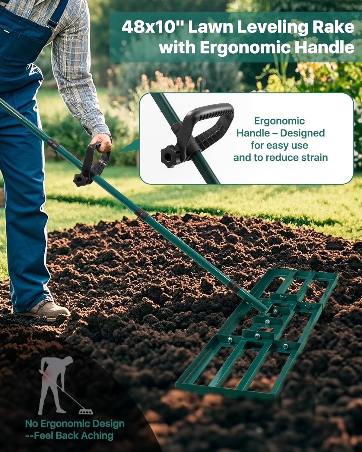 Lawn Leveling Rake 48x10'', Yard Leveling Rake with 78'' Back-Saving Adjustable Handle, Stainless Steel Lawn Leveler Tool for Garden, Backyard, Farm, Golf Course