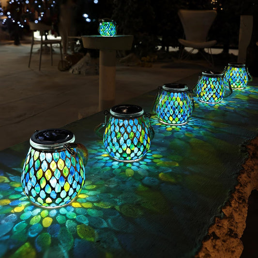 Cooo 2 Pack Mosaic Solar Lantern Outdoor Waterproof IP68 Hanging Projection Light Hidden Lid Pear-Shaped Lantern with Rope Handle Solar Powered Auto On for Patio Garden Fence Table - Azure Lattice