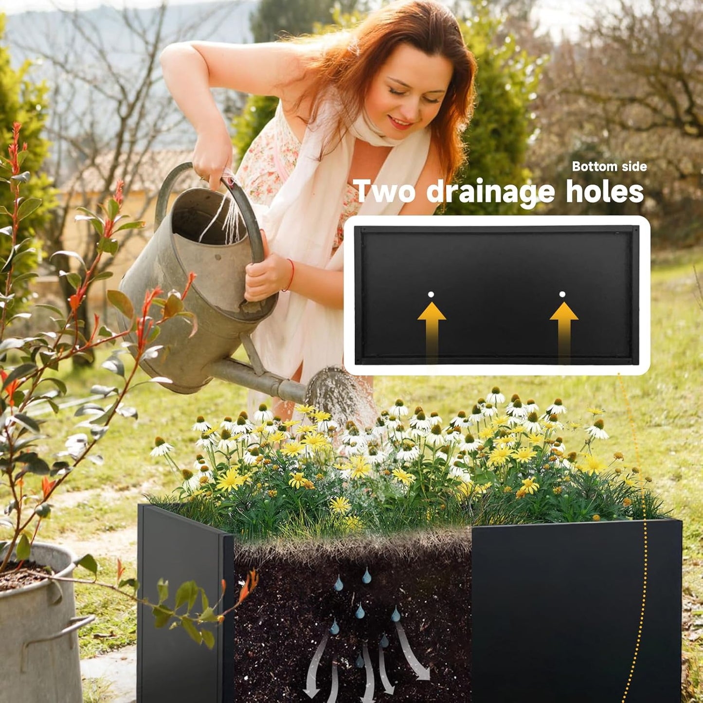 Steel Planter 36" x 12" x 16" Metal Rectangle Outdoor Planter Black Powder Coated Flower Box Metallic Heavy Pot Indoor & Outdoor, Commercial & Residential (L36 x W12 x D16, Black)