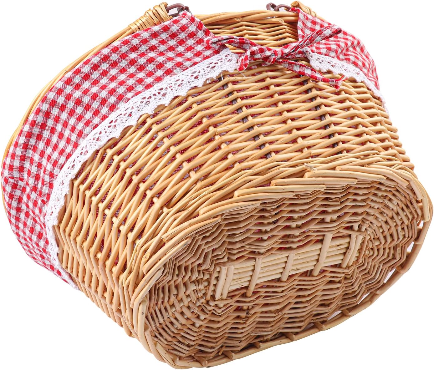 14.2 Inch Natural Wicker Basket with Linen Cotton Cloth Lining, Oval Wicker woven Basket with Handle, Willow Woven Picnic Baskets for Picnic, Camping, Party(Large)