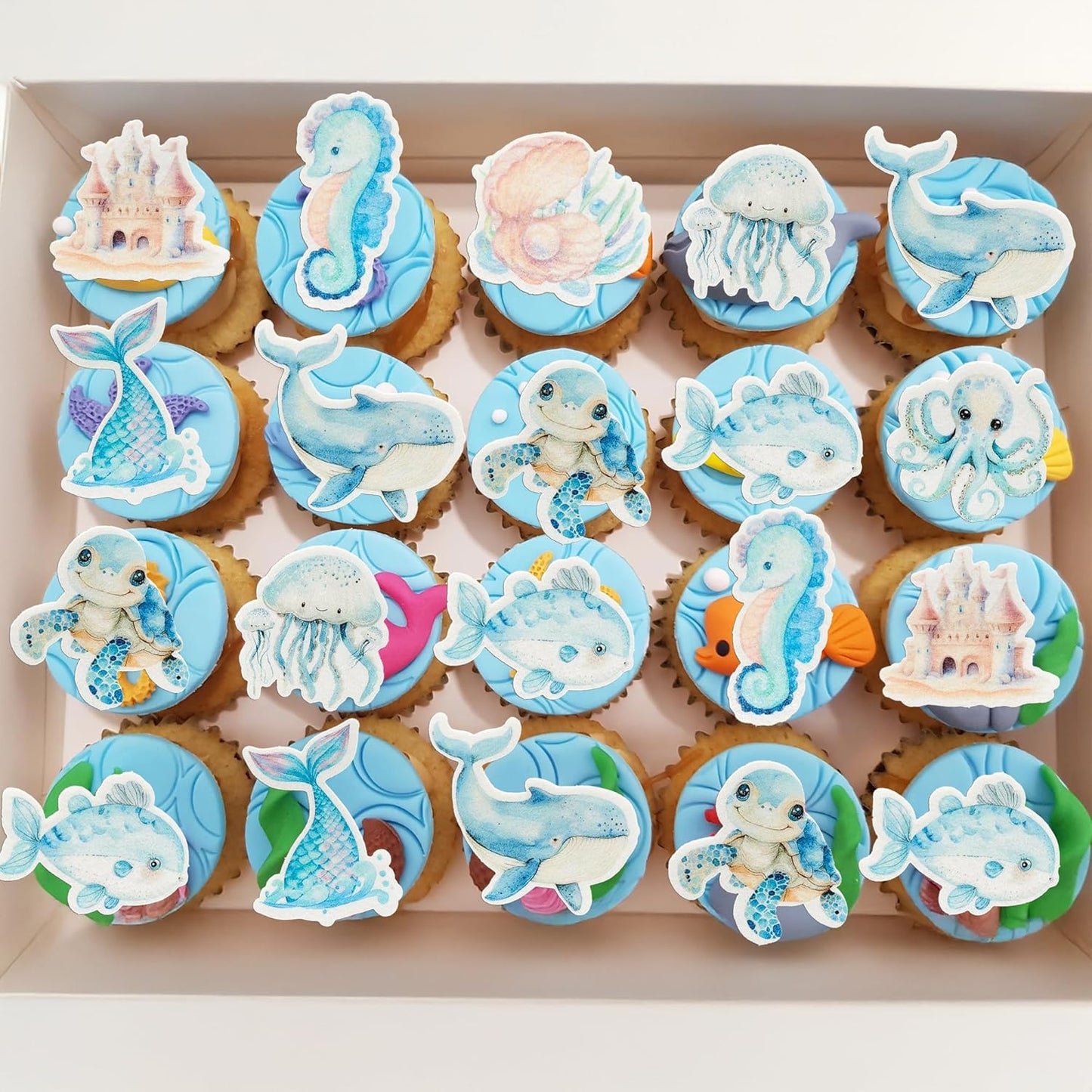 Ephlyn 54Pcs Edible Ocean Animal Cupcake Toppers Wafer Paper Octopus Dolphin Turtle Crab Mermaid Tail Cake Picks for Under the Sea theme Birthday Party Supplies Pink Blue