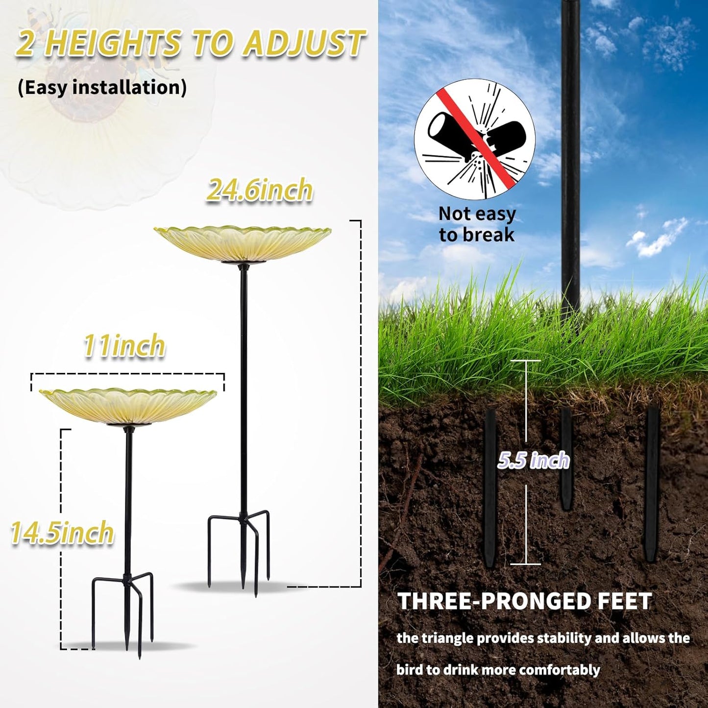 MUMTOP Bird Baths for Outdoors, Glass Bird Bath Stake, Bee Birdbaths & Support, Bee Baths for Garden, Outside, Lawn, Outdoor Decor