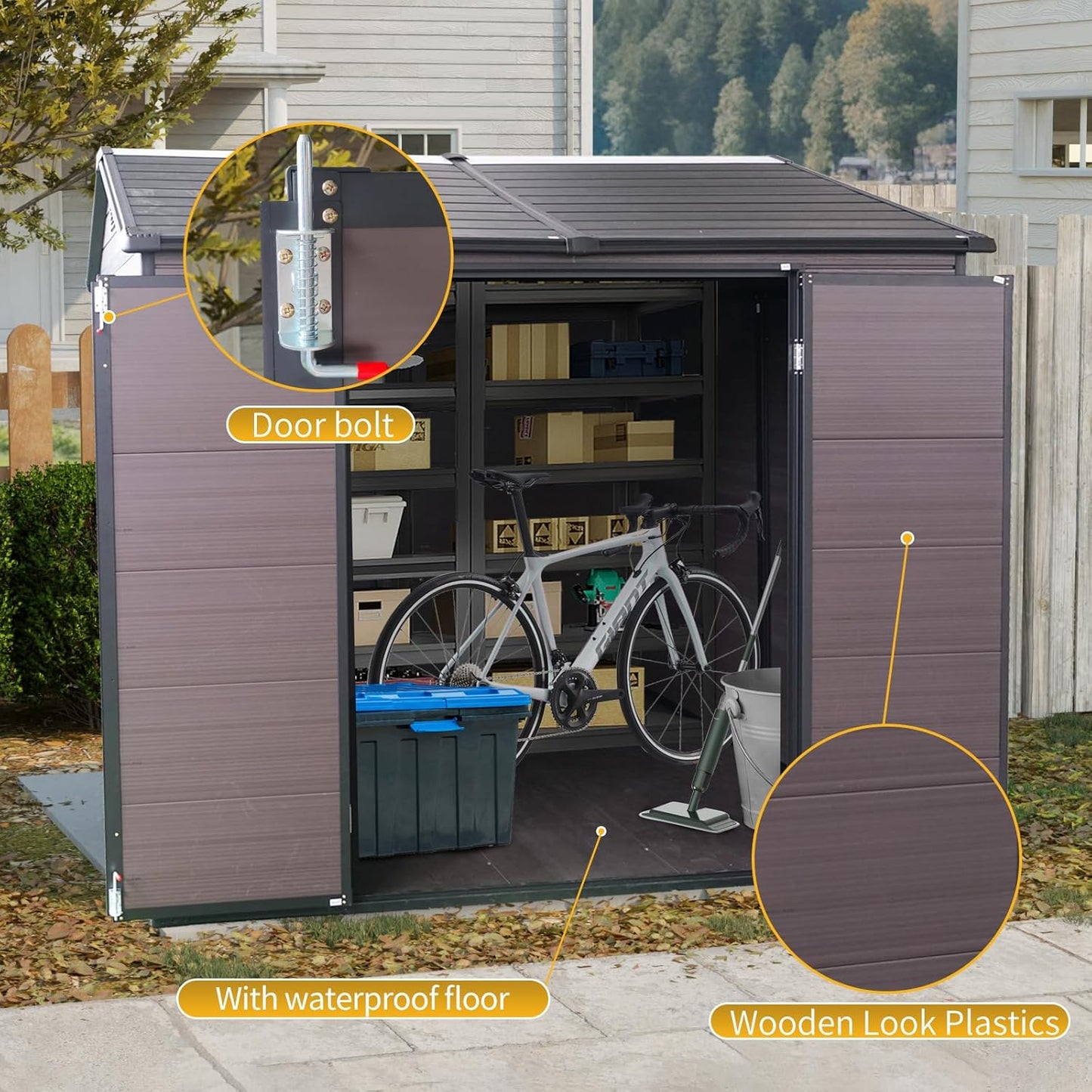 8x6 ft Outdoor Resin Storage Shed with Floor, Waterproof Plastic Garden Shed with Lockable Door and Two Windows, All-Weather Tool Sheds for Backyard, Patio, Lawn (Brown)