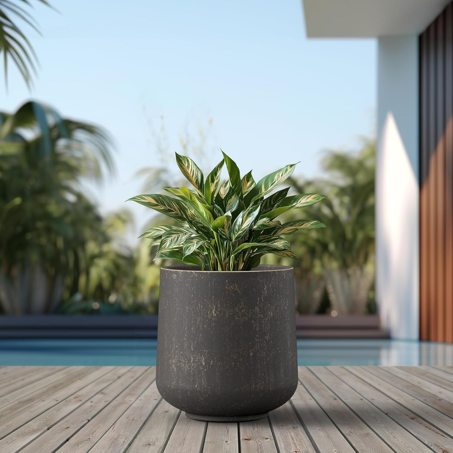 Kante 15.3" Dia Round Concrete Planter, Outdoor Indoor Large Plant Pots Containers with Drainage Hole and Rubber Plug for Home Garden Patio, Oil Rubbed Bronze