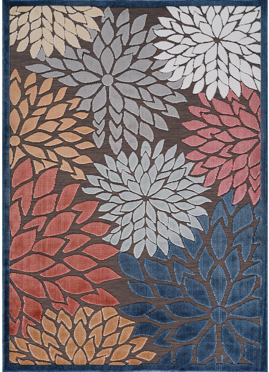 Beverly Rug Outdoor Rug 6x9 Modern Floral Tropical Area Rugs for Indoor and Outdoor Patio Easy to Clean Non Shedding Living Room Porch Garden Washable Outside Carpet (6 x 9 Brown)