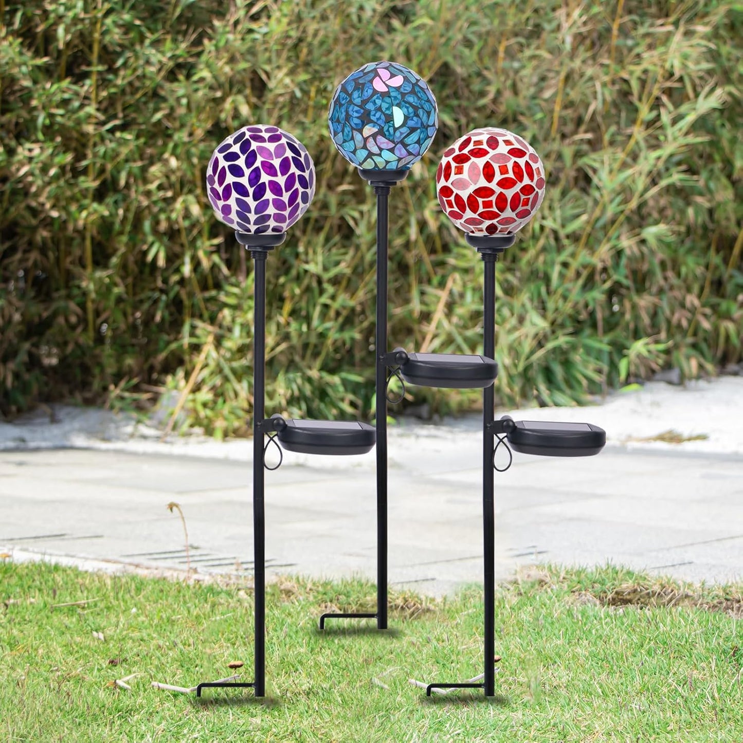 VCUTEKA Solar Garden Decorative Lights Outdoor, Mosaic Solar Light Waterproof LED Pathway Stake Light for Landscape Patio Yard Deck Walkway Decoration, 3 Pack （Blue&Purple&Red）