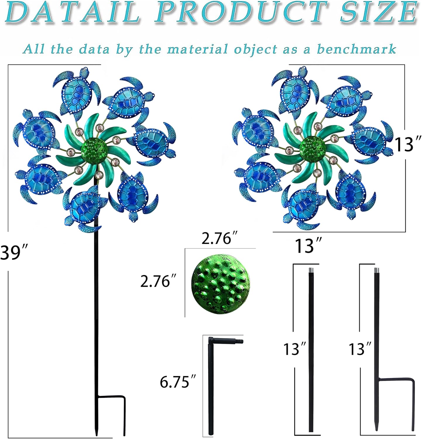 39" Sea Turtle Wind Spinners Metal Garden Stake-Outdoor Ocean Theme Wind Spinners - Metal Stake Yard Spinners-Wind Sculpture Yard Art Decorations for Patio,Lawn & Garden Decor-Blue