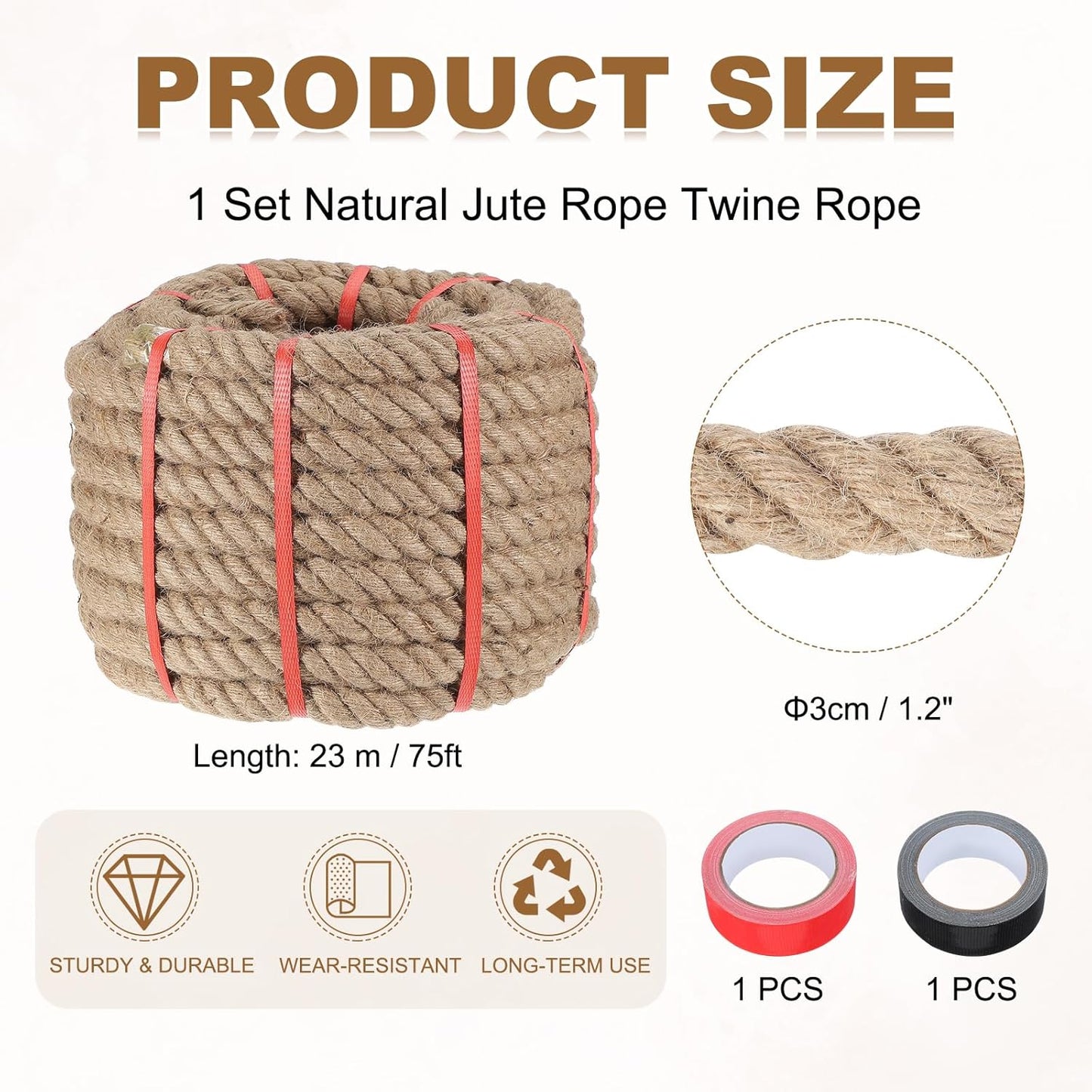 MECCANIXITY Jute Rope 1.2 Inch x 75ft, Thick Twine Rope Ropes Braided Jute Twine Natural Brown Burlap Cord String Heavy Twisted with Tapes for Decorative Crafts Railing Swing Tug of War