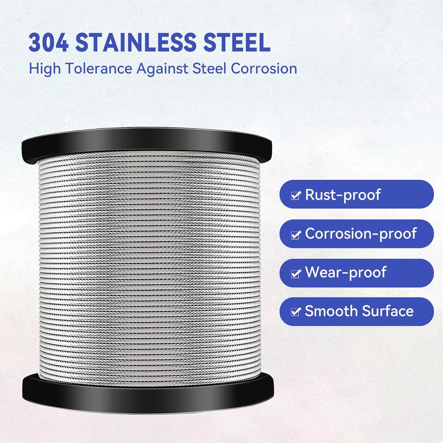 1/4" Stainless Steel Cable,7x19 Strand Aircraft Wire Rope,Cable for Heavy Duty Applications,Zip Iine and Outdoor Pulley Cables,Deck Railing, with Gloves,Breaking Strength 6400 Ibs,150FT