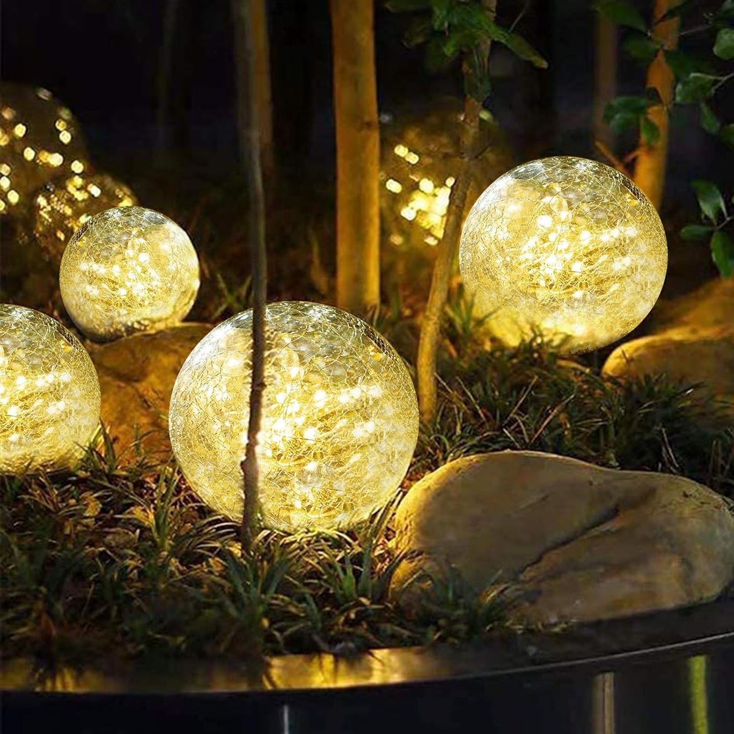 Solar Garden Lights Outdoor Waterproof, 4 Pack Cracked Glass Ball Light, Ground Landscape Garden Decor, Solar Globe Decorative for Pathway/Patio/Lawn/Yard (Warm White, 4.7")