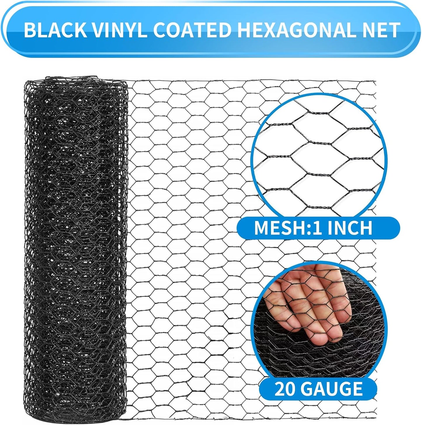 12'' x 150' Black Chicken Wire Mesh Fence, 20 Gauge Galvanized Poultry Netting and 1 inch Garden Mesh Fence Roll, Chicken Wire for Floral Arrangements/Crafts/Farm/Livestock/Pet Protection