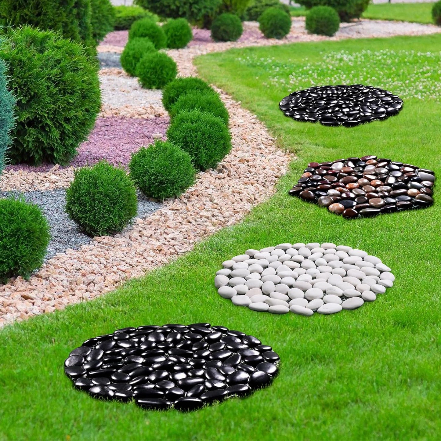 10in River Rock Stepping Stones Set - 6 Pack | Polished Pebble | Long-Lasting PVC Mesh Backing | Perfect for Garden Paths and Lawns Outdoor Landscaping Decoration | Rhombus and Round Set