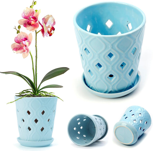 Whispering Winds Ceramic 5 x 6 Inch Orchid Pot with Holes & Saucer for Aeration and Drainage - Decorative Orchid Pots for Repotting, Prevent Over Watering & Root Rot (Charlotte Blue)