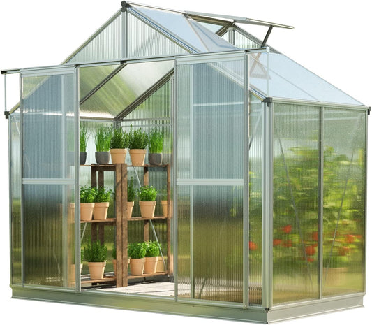 Greenhouse Topas 2 Aluminum Frame 7.4 x 4.4 ft Approx. 8 mm Polycarbonate Panels - with Bonus Base Frame and Automatic Vent Opener