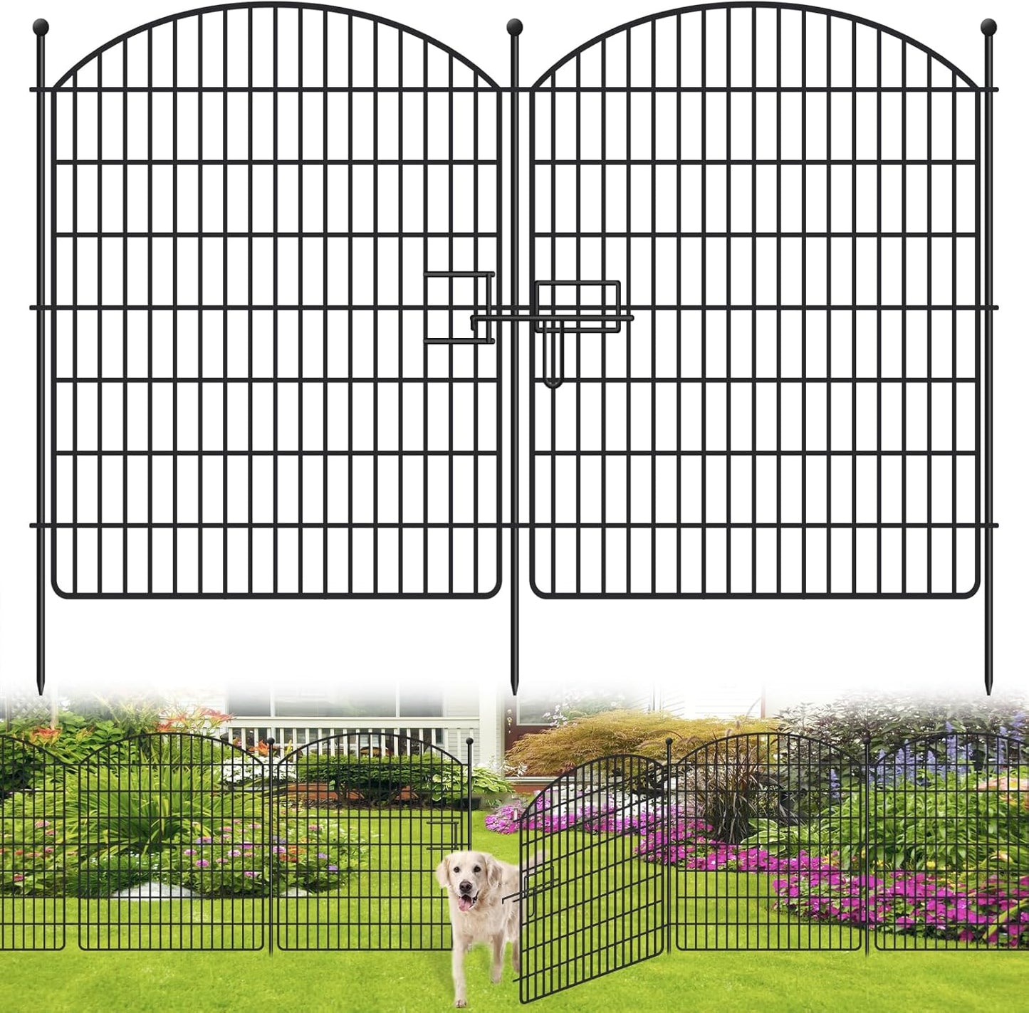 10 Panels No Dig Garden Fence with Gate, 42in x 24.2ft Decorative Dog Fence Outdoor for Yard, Tall Animal Barrier Rustproof Metal Wire Garden Edging Border, Temporary Fencing for Outdoor, Patio