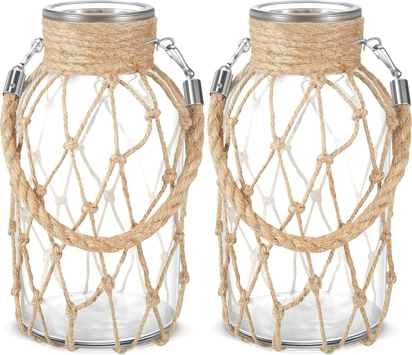 Set of 2 Rope Net Dry Flower Glass Vase 7.9 x 4 Inches Wicker Farmhouse Vase Coastal Decor for Wedding Tables Home Rustic Hanging Mason Jar Rope Wrapping Decorative Bottles Nautical Decor
