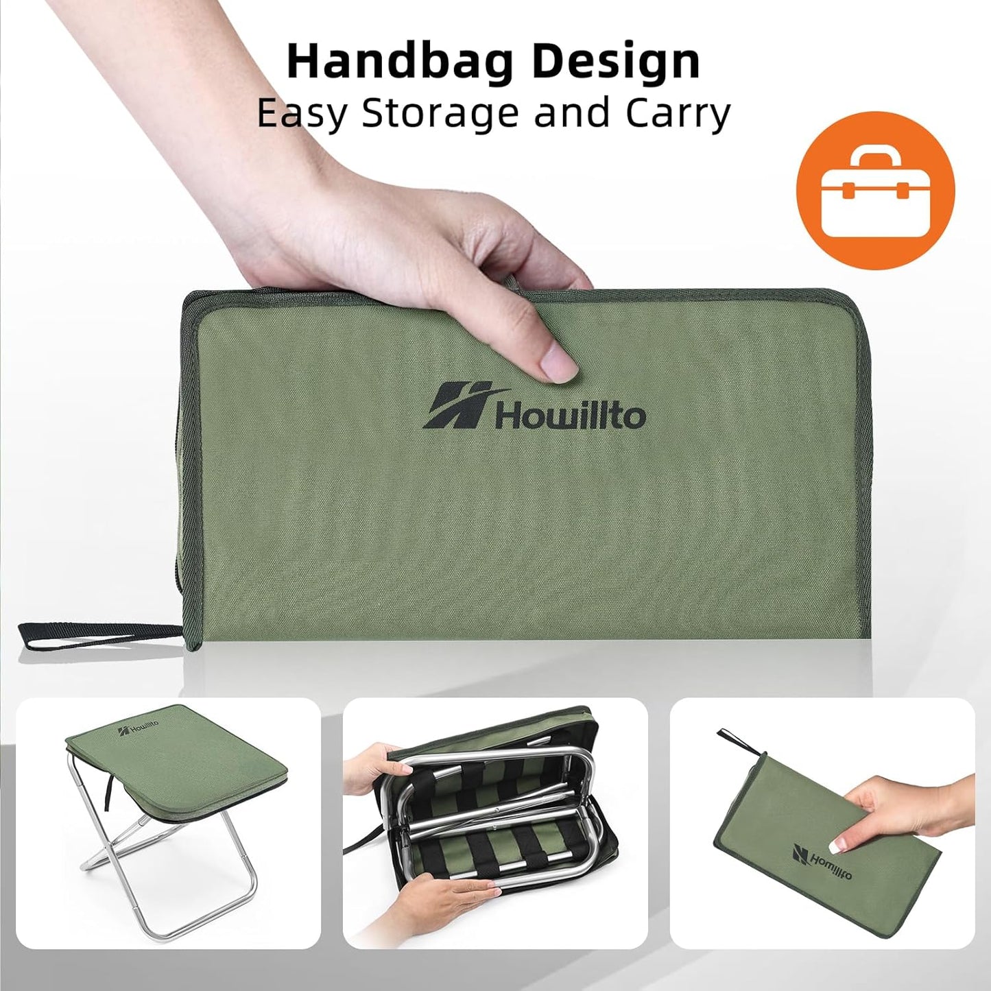 Camping Stool, 16in Tall Portable Folding Stool with Carry Bag, Upgraded Ultralight Chair with Roomy Seat for Adults, Holds 280lbs, Ideal for Hiking, Fishing, Outdoor Use, Green