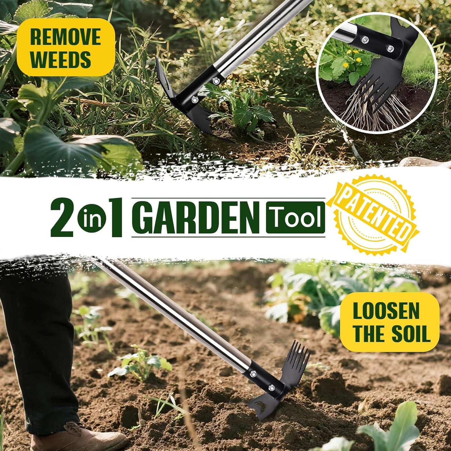 Weed Puller Tool with Long Handle - 58" Manual Weeder Remover Tool, 2 in 1 Hand Weed Rake and Garden Hoe for Gardening, Heavy Duty Uprooting Weeding Pull for Yard, Lawn, Patio and Garden