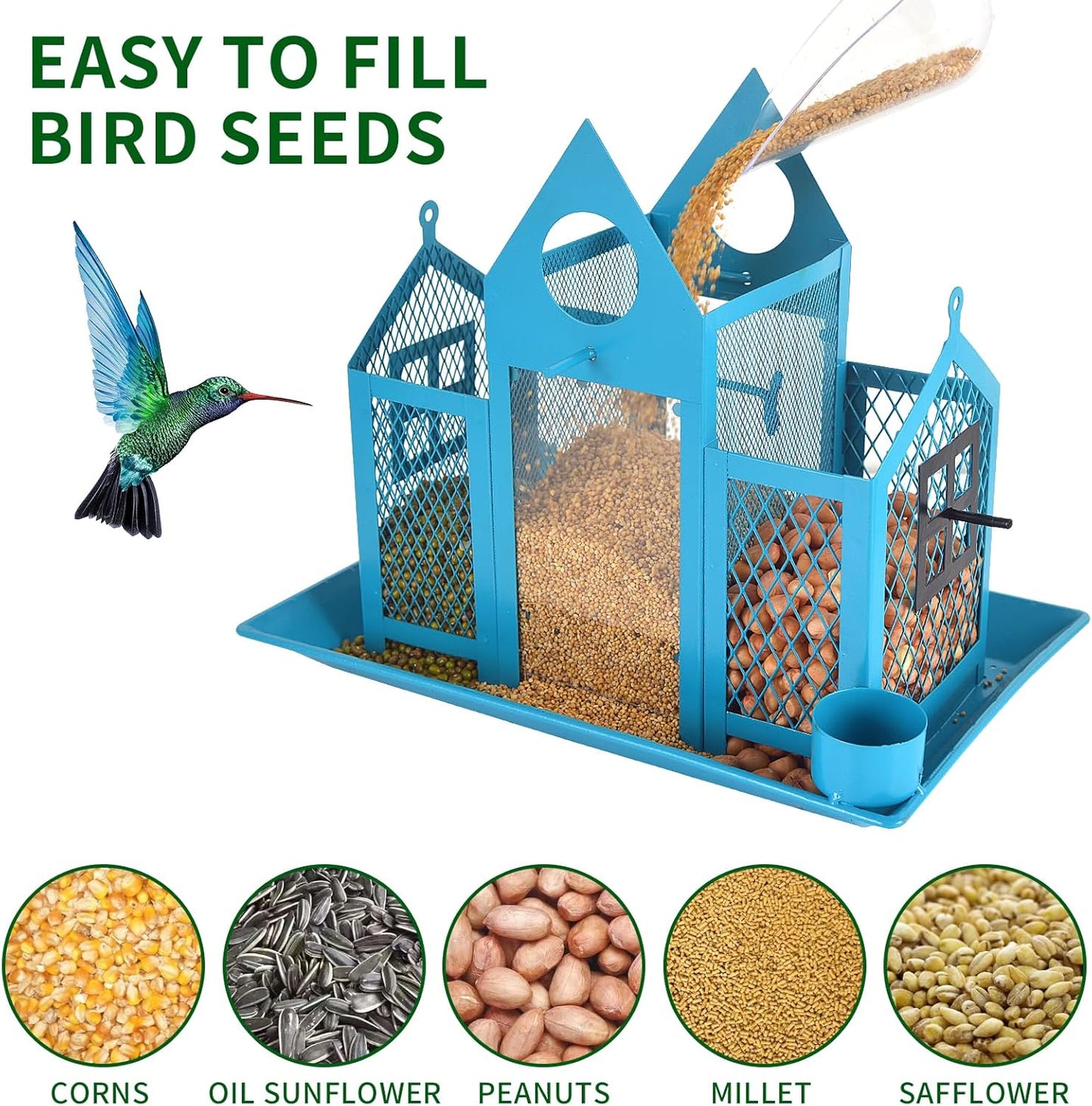 Solar Bird Feeders House for Outside Hanging, Metal Wild Bird Feeder for Outdoors, Large Cardinal Bird Feeder Birdhouses Squirrel Proof (Blue)