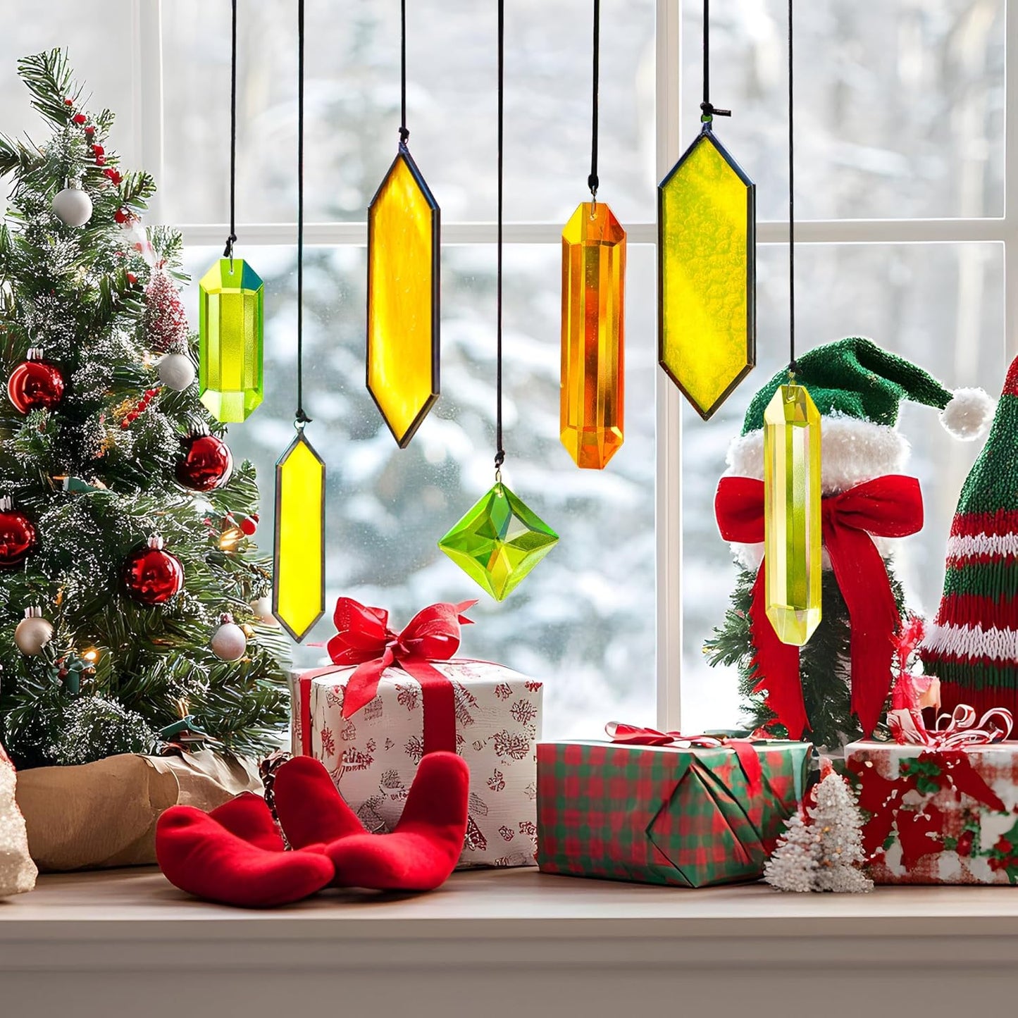 HDCRYSTALGIFTS 7pcs Crystal Sun Catchers for Windows Hanging - Stained Glass Suncatchers for Indoor Garden Christmas Tree Decorations (Fairy Tale Forest Design)