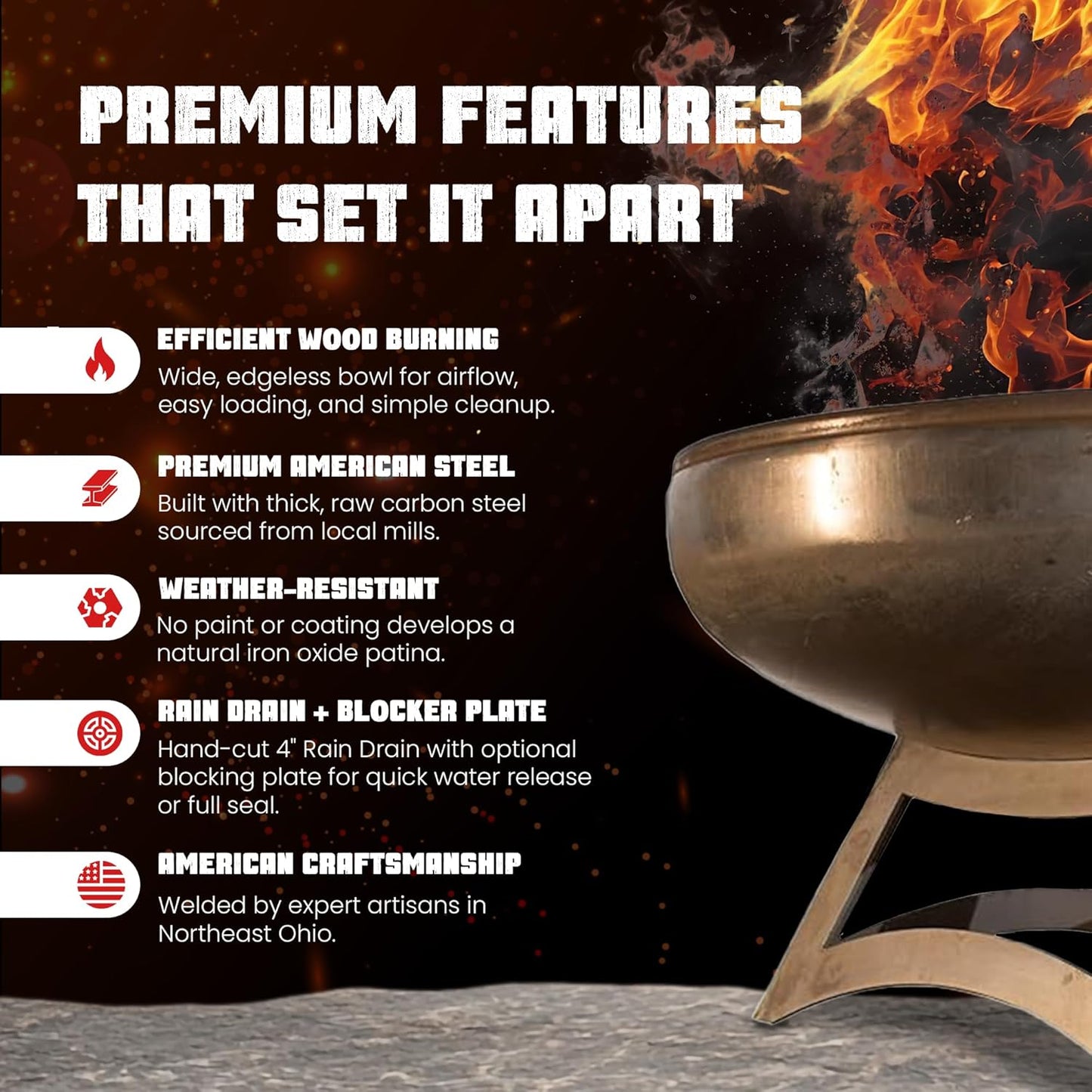 Liberty Fire Pit – Ohio Flame Wood Burning Outdoor Fire Pit - 42" Diameter with Hollow Base (Made in USA)