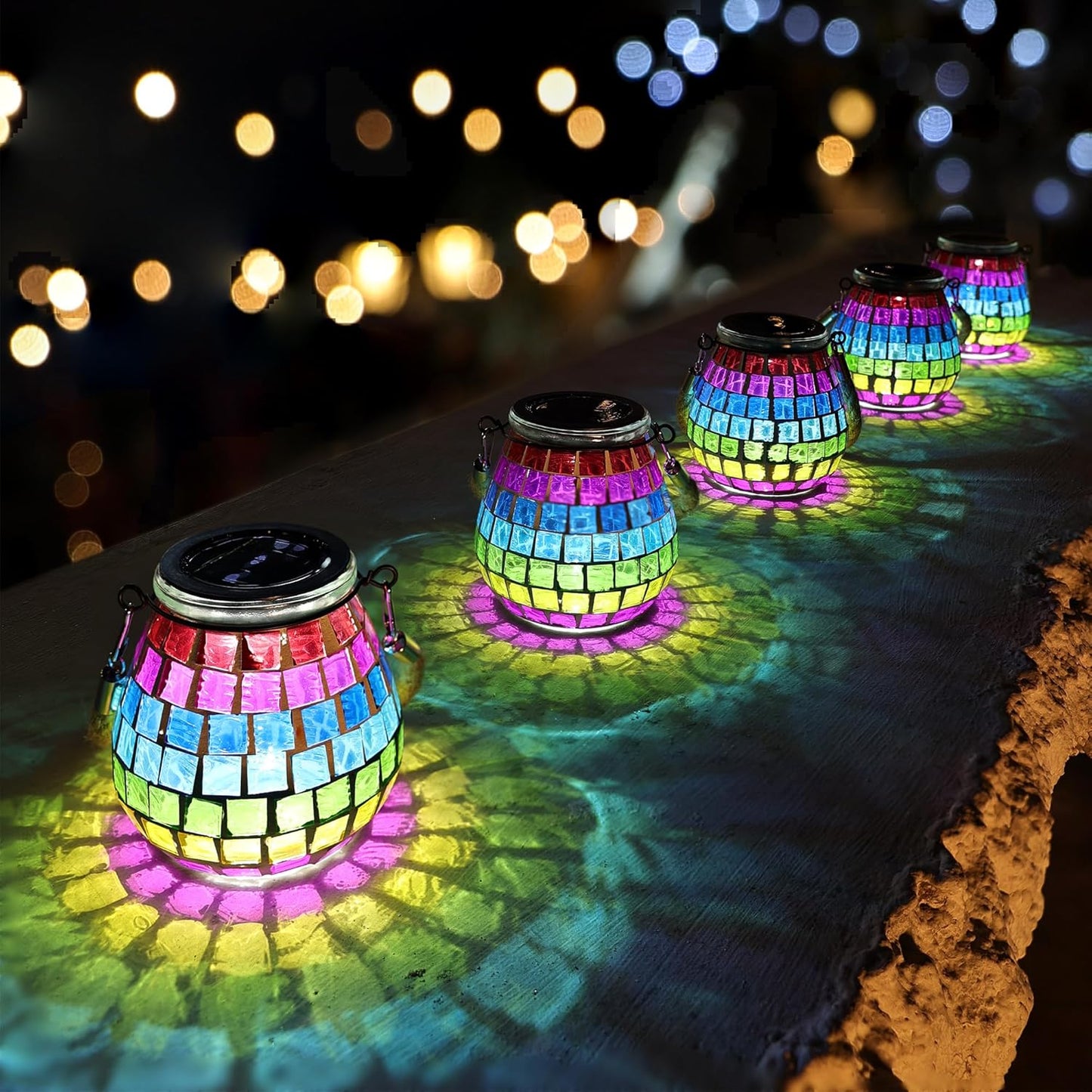 Cooo 4 Pack Mosaic Solar Lantern Outdoor Waterproof IP68 Hanging Projection Light Hidden Lid Pear-Shaped Lantern with Rope Handle Solar Powered Auto On for Patio Garden Fence Table - Neon Mosaic