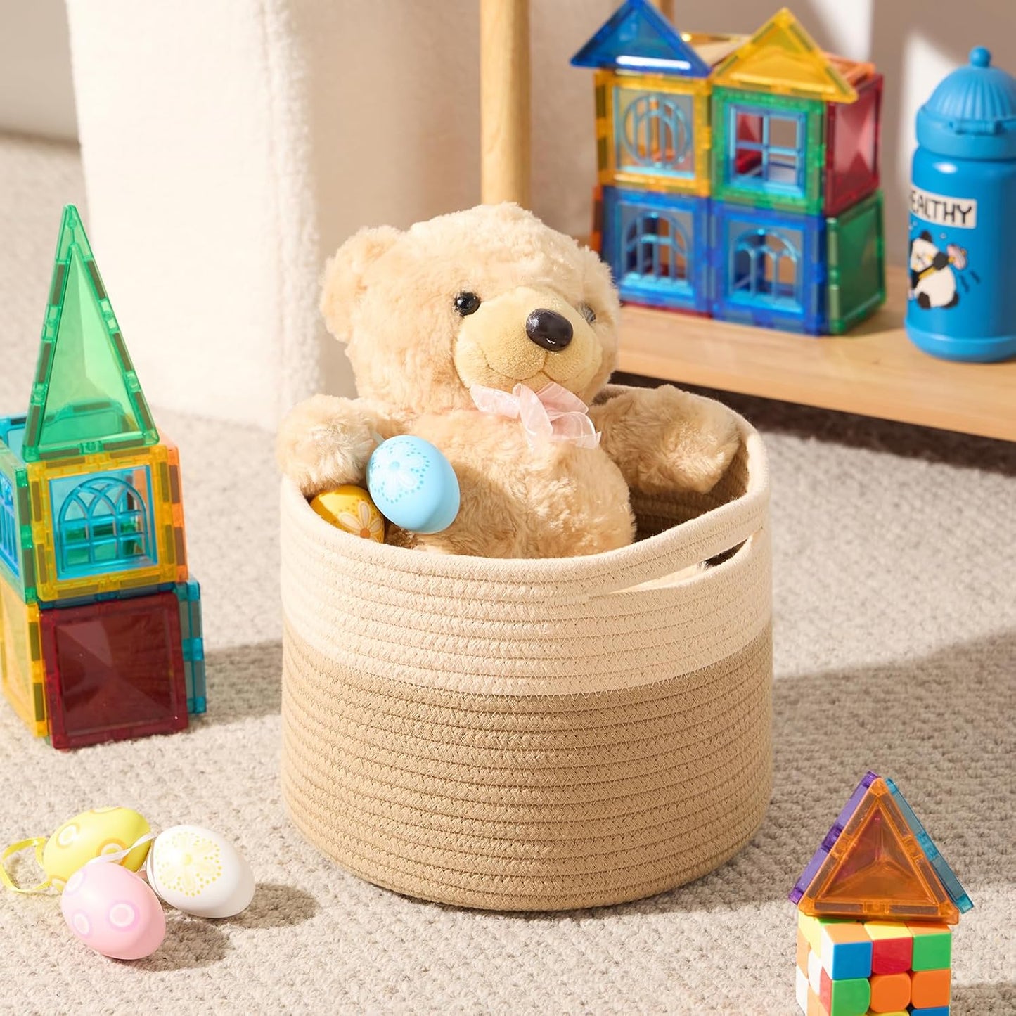 Small Basket for Organizing | Cube Shelf Closet Storage Baskets | 9.7×9.7×7.1” | Woven Rope Gift Basket | Nursery | Round 3 Packs Tan