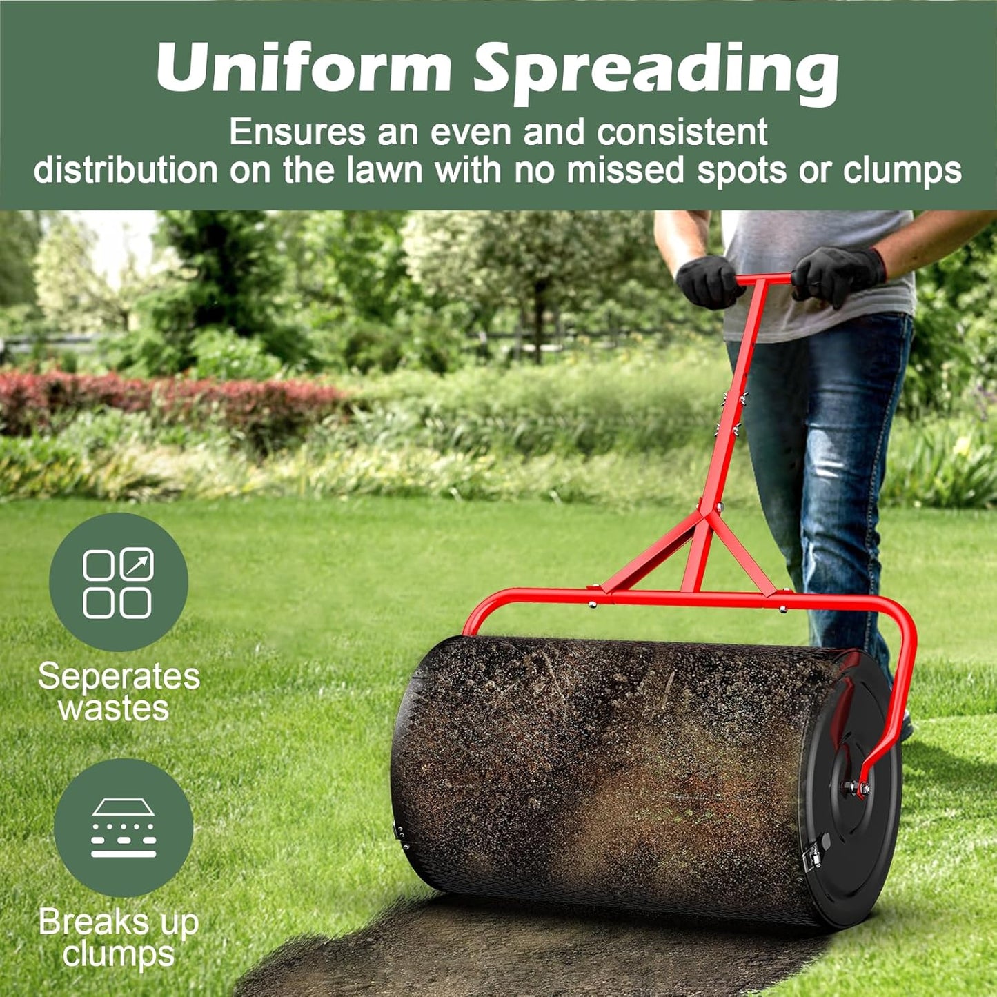 Compost Peat Moss Spreader for Lawn, 24 Inch Compost Roller Spreader with Adjustable T-Shaped Handle, Upgraded Side Clasps, Durable Lightweight Metal Roller, Lawn Garden Yard Care (Black)