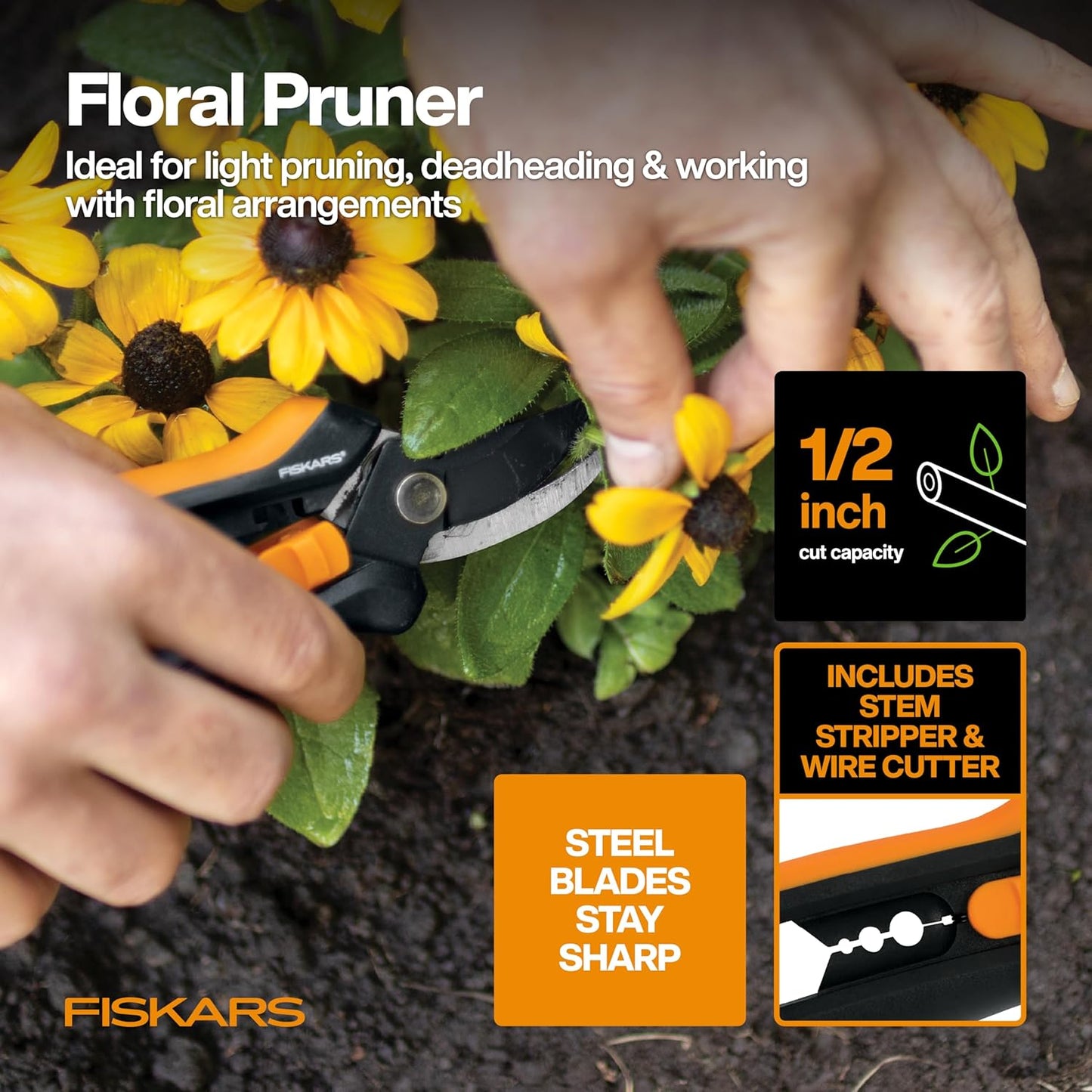 Fiskars Flower Gardening Tool Set with Floral Pruner, Trowel, Cultivator, Garden Gloves, and Ultra-Light Kneeling Cushion for Outdoor Use (5 Piece Kit)