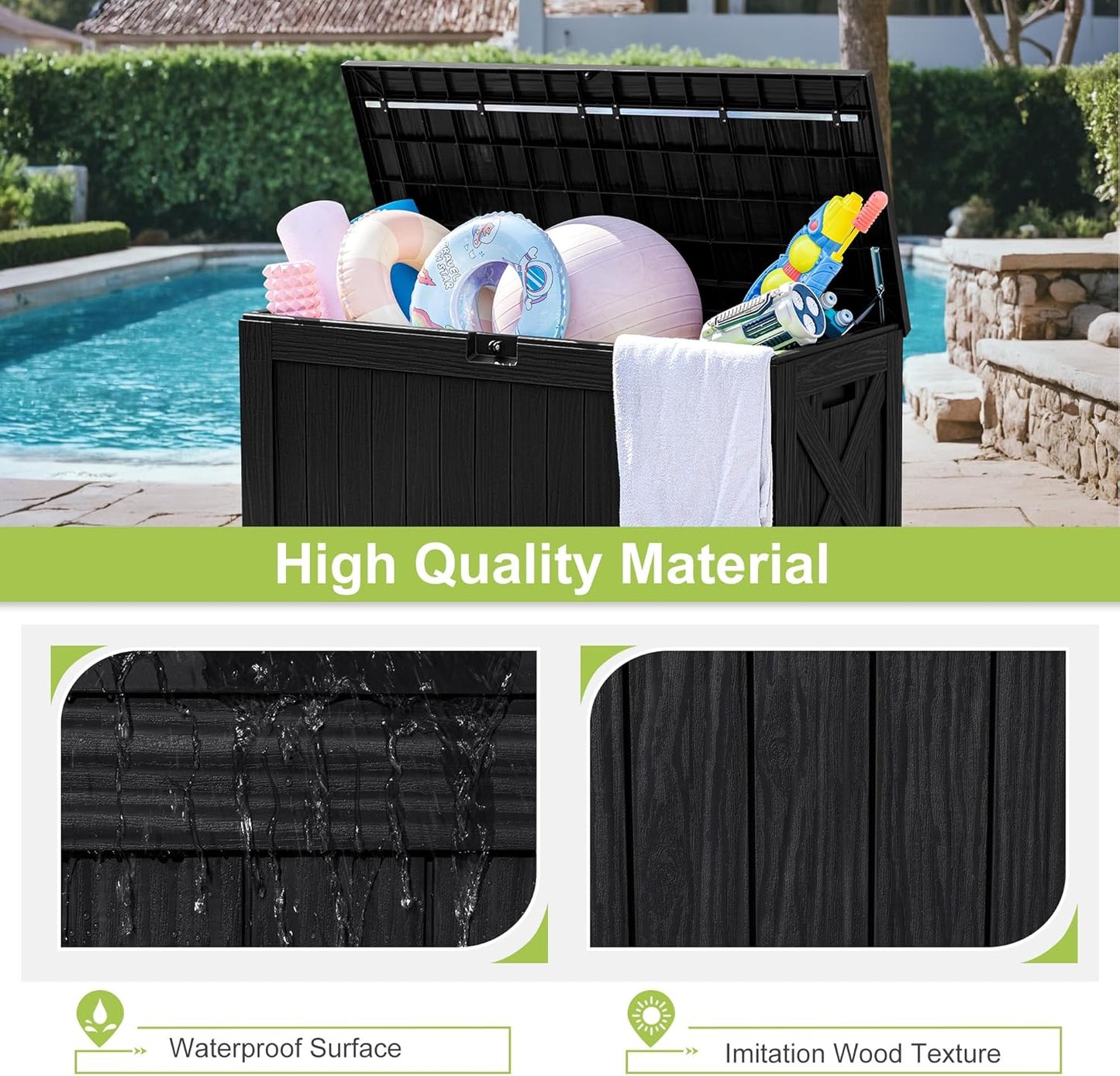 Greesum 120 Gallon Deck Box, Resin Outdoor Storage Container for Patio Furniture, Garden Tools, Pool Accessories, Weatherproof, Lockable, Black