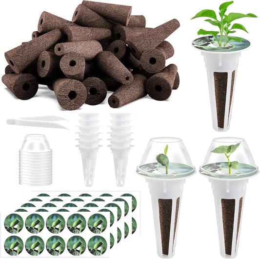 125 Piece Hydroponic Pods Kit: Grow Anything with 50 Grow Sponges, 12 Baskets, 12 Domes, 50 Labels, 1 Tweezer - Compatible with All Hydroponics Brands