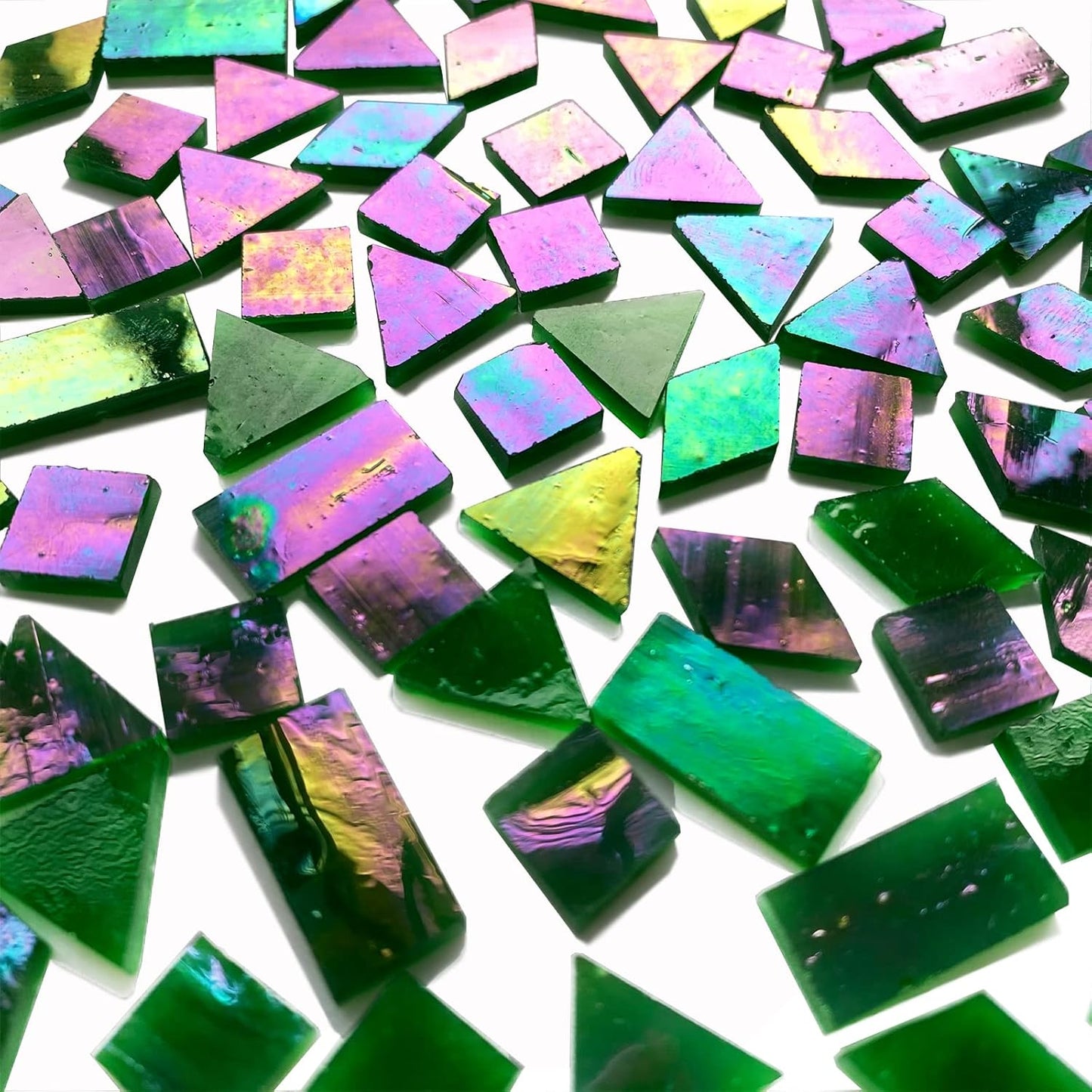 Iridescent Green Mosaic Tiles for Crafts, 280 Pieces Mixed 4 Shapes Stained Glass Sheets, Stained Glass Supplies for Mosaic Projects