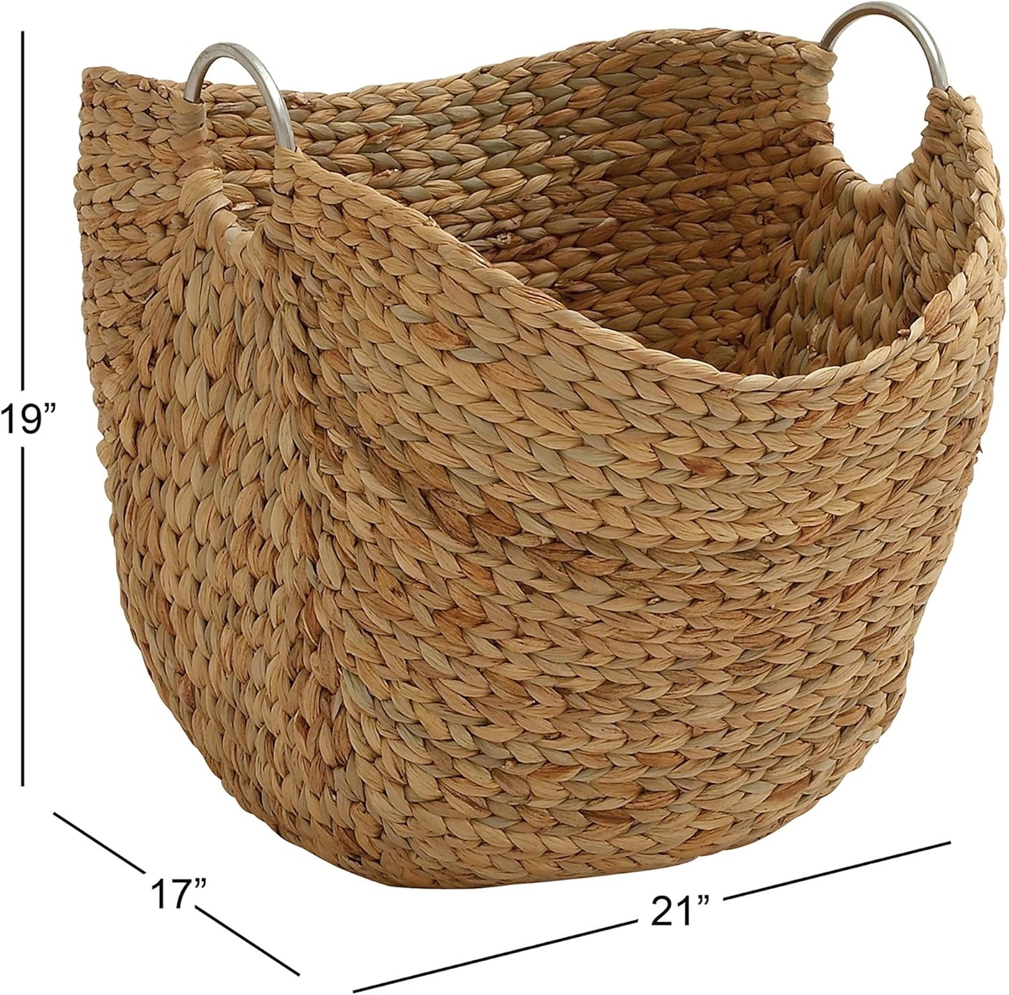 Deco 79 Seagrass Handmade Decorative and Functional Storage Basket Large Woven Basket Organizer with Ring Metal Handles, Basket for Storage 21" x 17" x 19", Brown