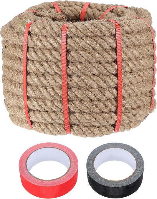 MECCANIXITY Jute Rope 1.1 Inch x 75ft, Thick Twine Rope Ropes Braided Jute Twine Natural Brown Burlap Cord String Heavy Twisted with Tapes for Decorative Crafts Railing Swing Tug of War