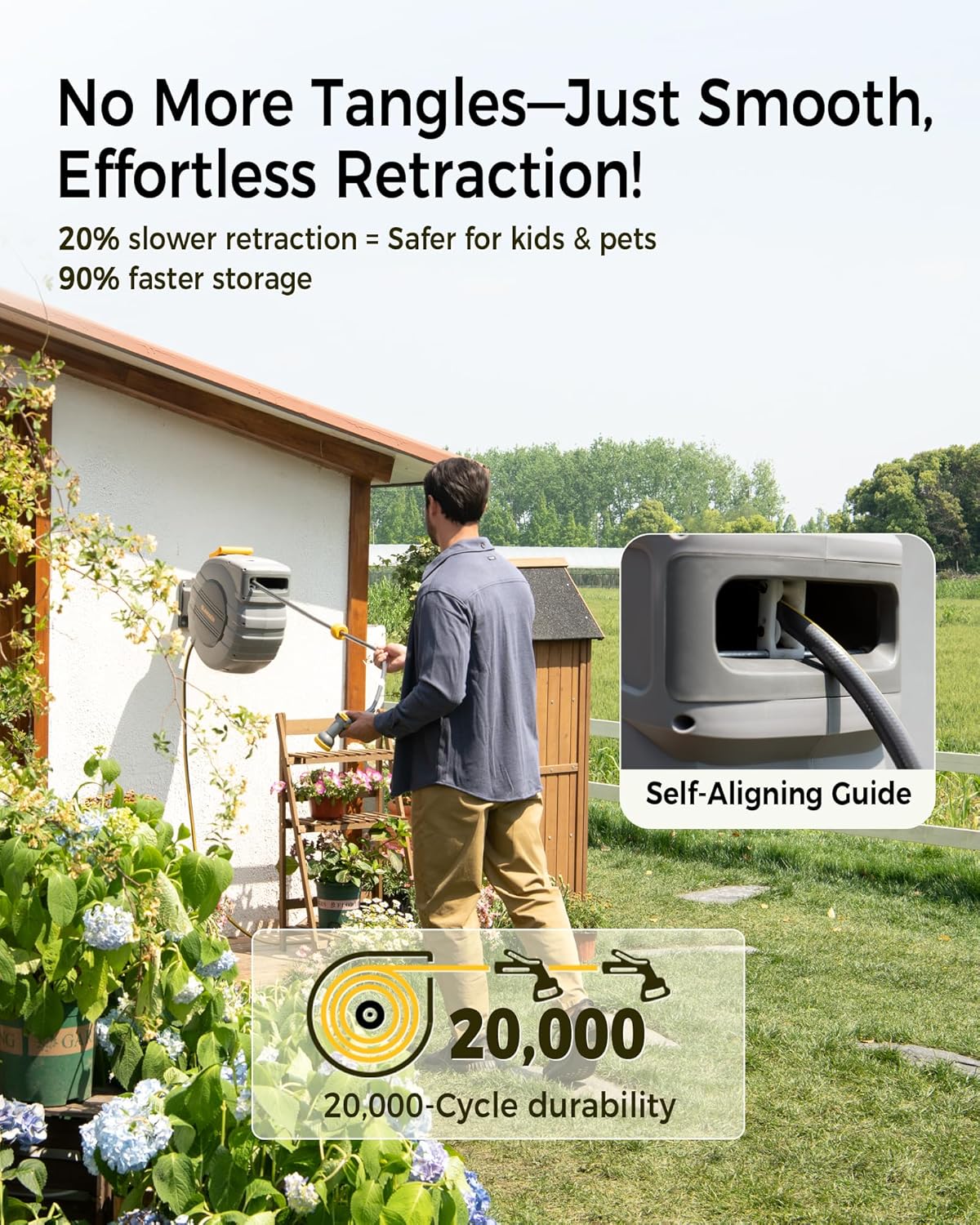 Retractable Garden Hose Reel 1/2 in x 130 ft, 2025 Upgraded Dual Ratchet Lock UV & Freeze Protection Brass Seal Slow Retraction Anti-Tangle Hose 180°Swivel Reinforced Scaffold Wall Mount