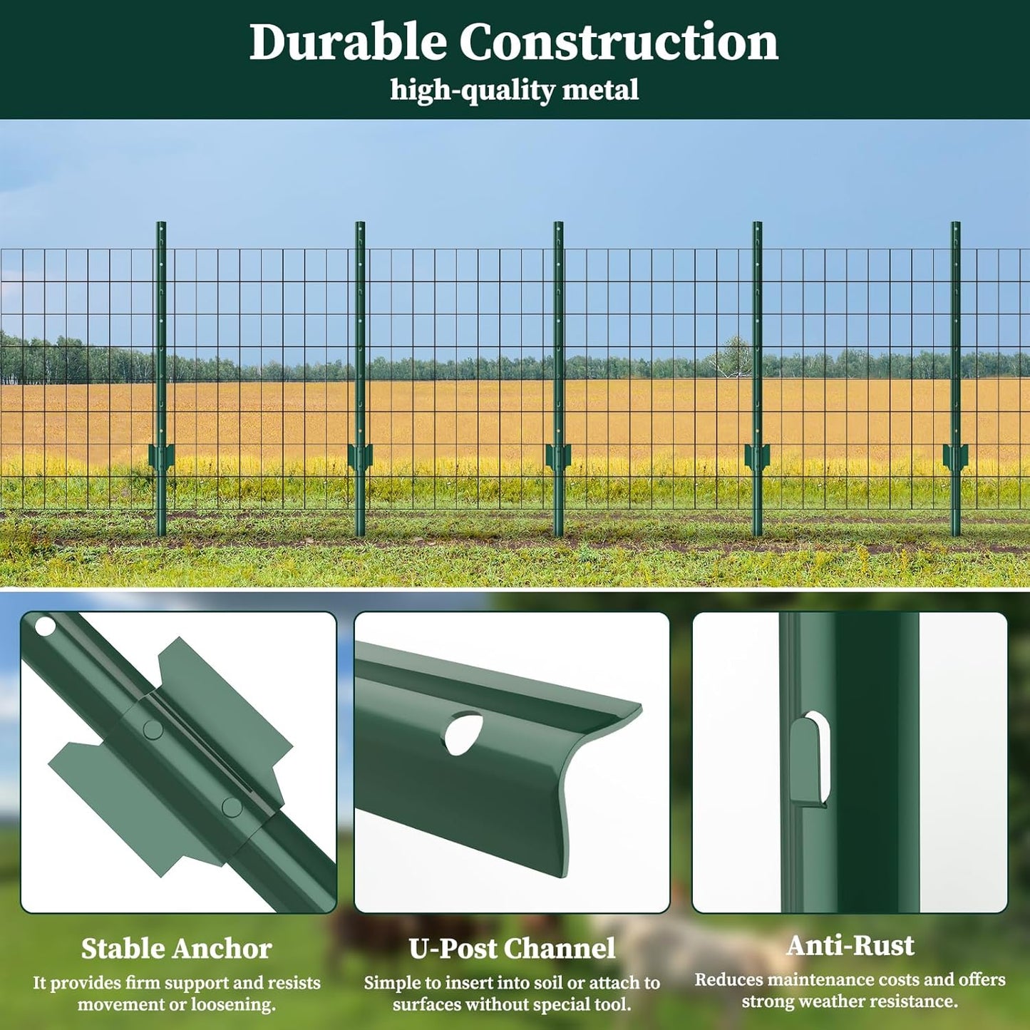 10 Pack Garden Fence Post, 5 Feet Heavy Duty Metal U-Post for Wire Fence, No Dig Garden Fence Stakes for Temporary Fencing, Electric Fence Wire, Corner Anchor, and More-Green