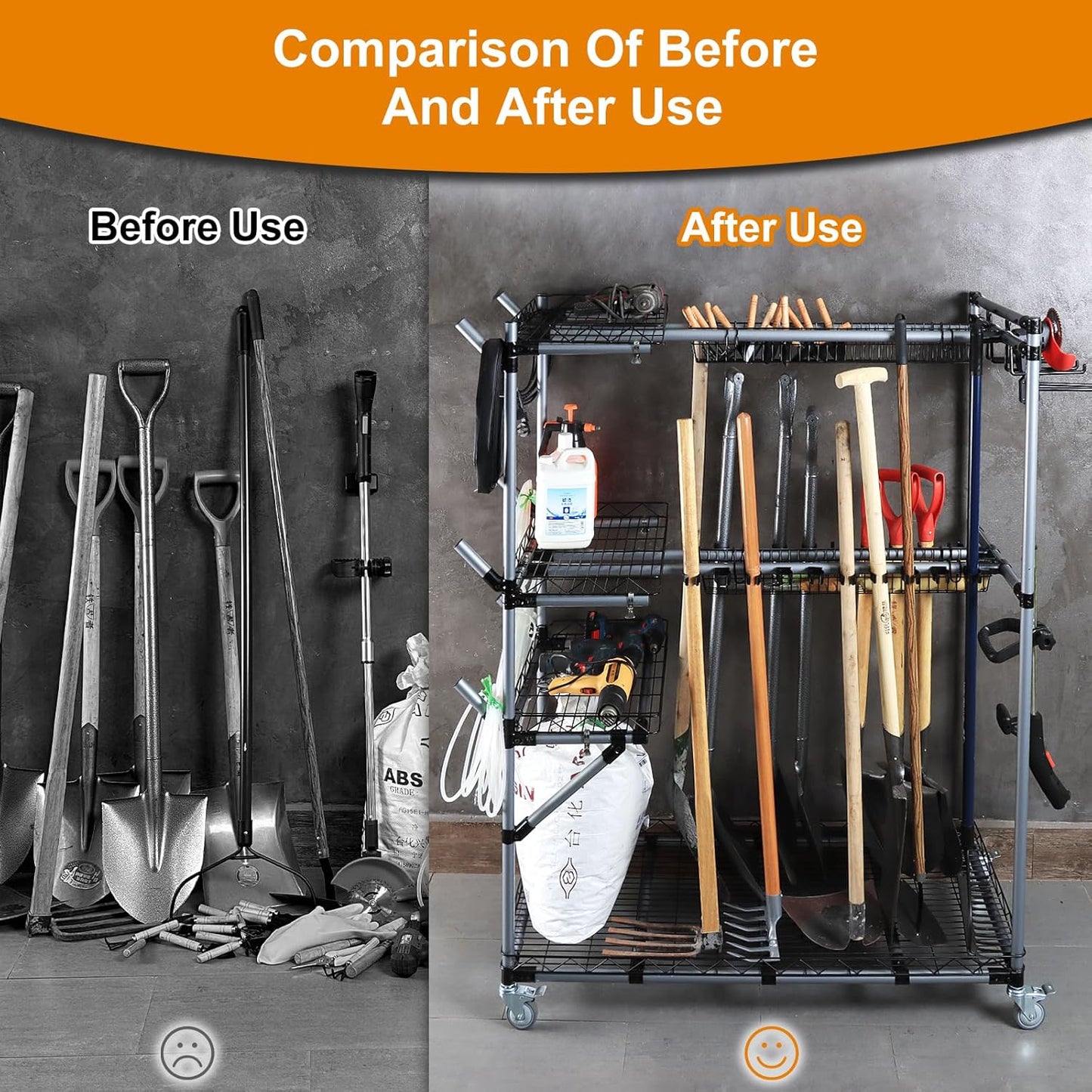 BIG Garden Tool Organizer with Wheels - Rolling Storage Rack - Multifunctional Cart