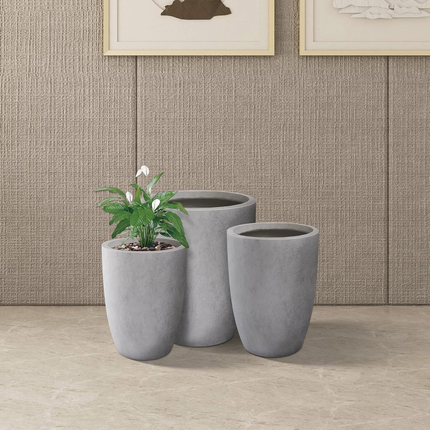 Kante 18.1",20.5",22.4" H Tall Round Concrete Planters Set of 3, Outdoor Indoor Modern Decorative Plant Pots with Drainage Hole & Rubber Plug for Home & Garden Natural Concrete