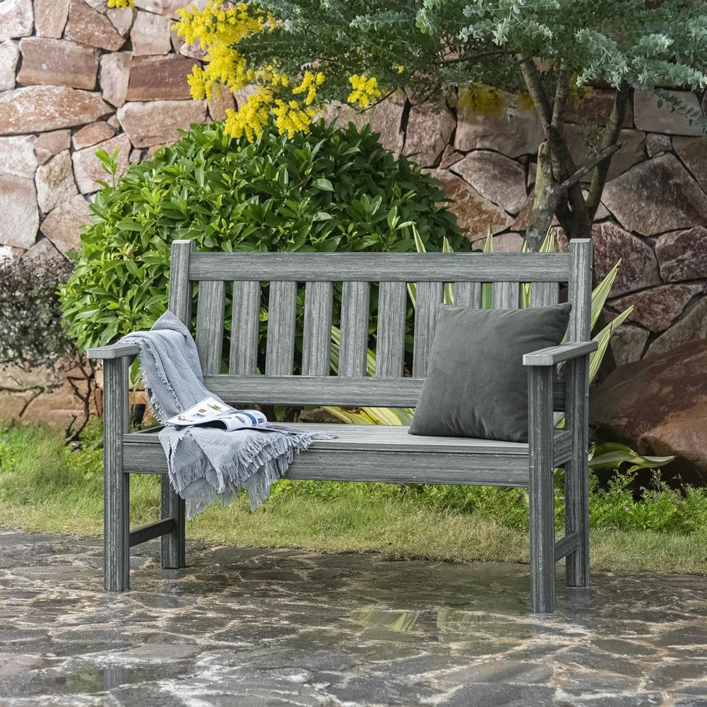 Outdoor Bench, 2-Person Garden Bench, Poly Lumber Patio Bench for Outdoors, Porch, and Park (Grey)