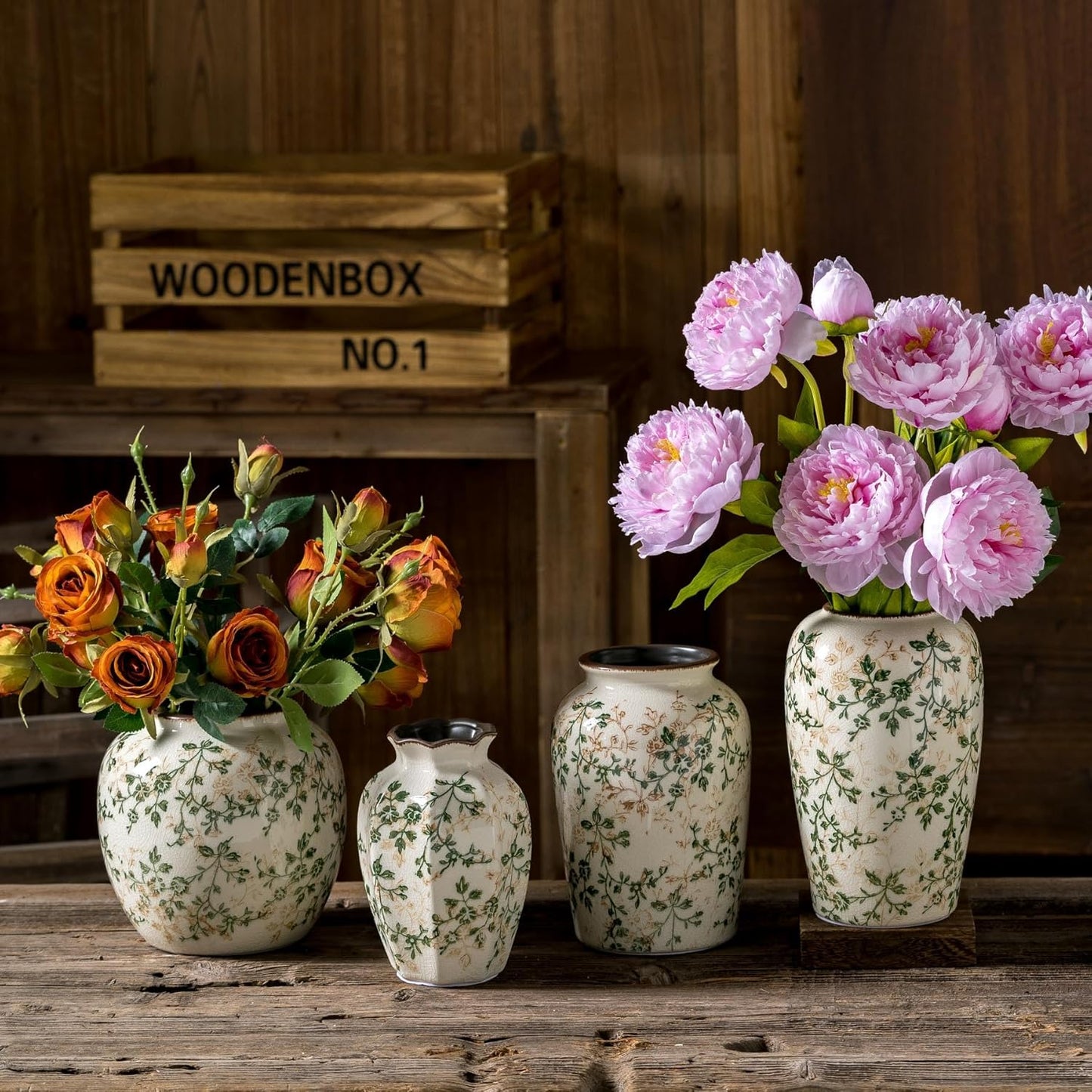 Vintage Pastoral Green and Beige Flower Vase, Ceramic Floral Vases, Retro Ice Cracked Chinoiserie Vase for Home Cottage Core Decor, Bookshelf, Office, Mantel, Wedding Rustic Table Centerpiece 8.5 Inch