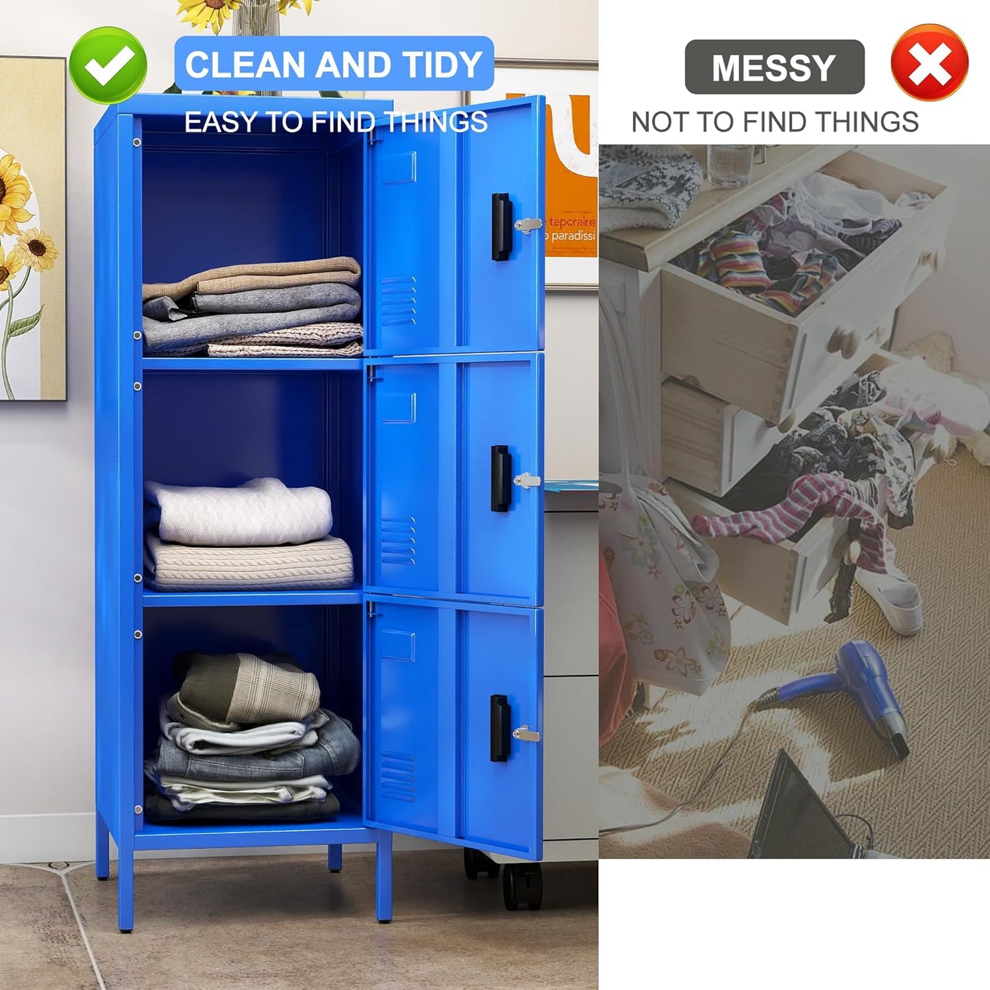 Metal Locker with Ventilation Holes, Metal Storage Cabinet with Lock and Card Slot for Home,School, Office, Garage,47.3" H x 15.8" W x 15.8" D,Assembly Required,Blue