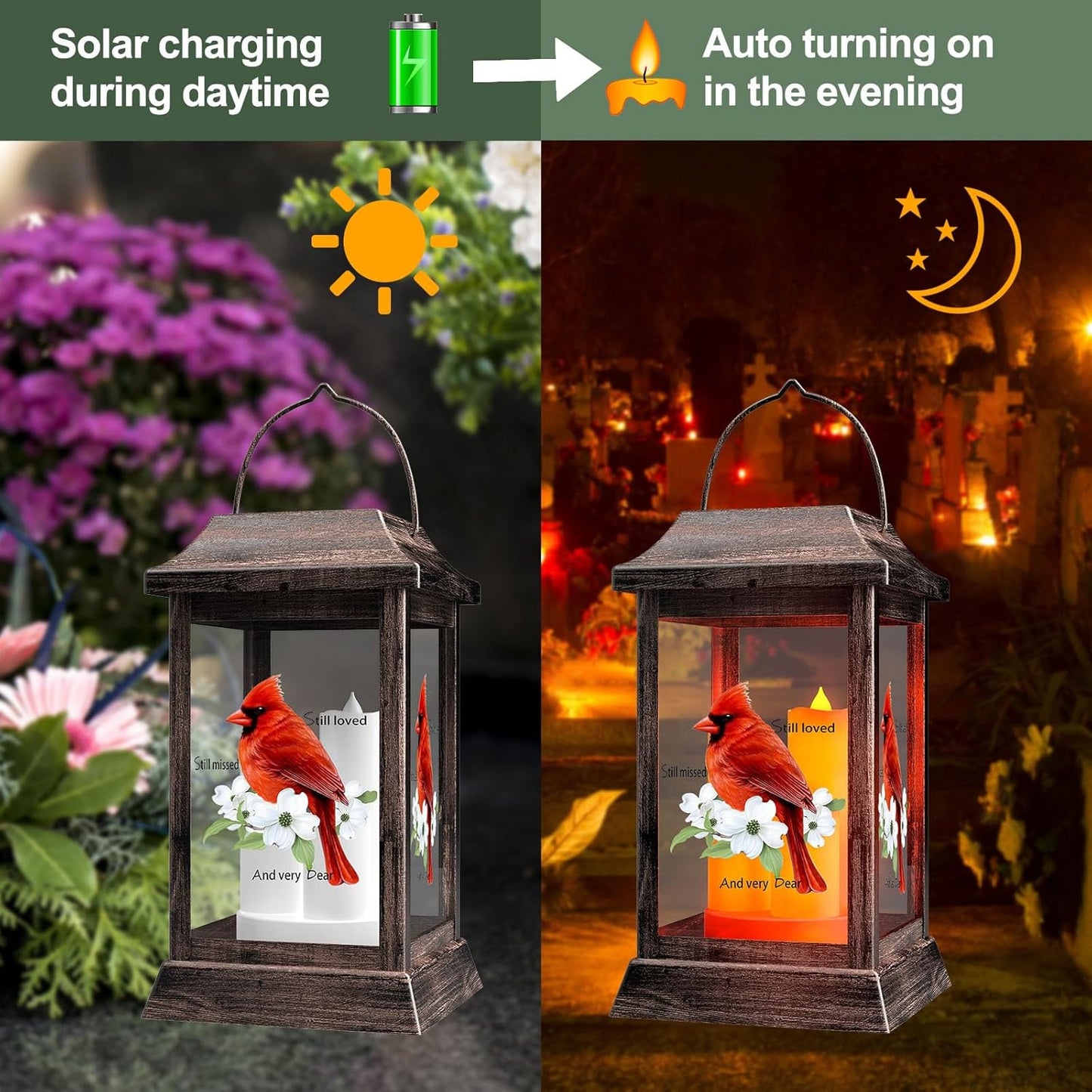 Solar Lanterns Outdoor Hanging Lanterns, Metal with Glass Cardinal Solar Lights, Waterproof Decorative Lantern Garden Decor for Outside Table Patio Yard, Memorial Gifts Grave Decorations for Cemetery