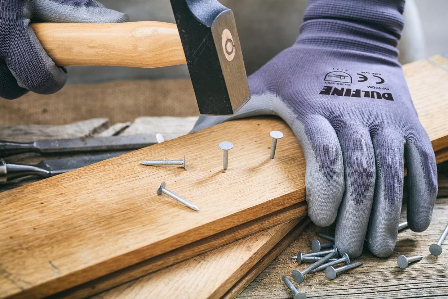 DULFINE Safety Work Gloves PU Coated-12 Pairs,Grey Seamless Knit Glove with Polyurethane Coated Smooth Grip on Palm & Fingers, for Men and Women, Ideal for General Duty Work (Large)